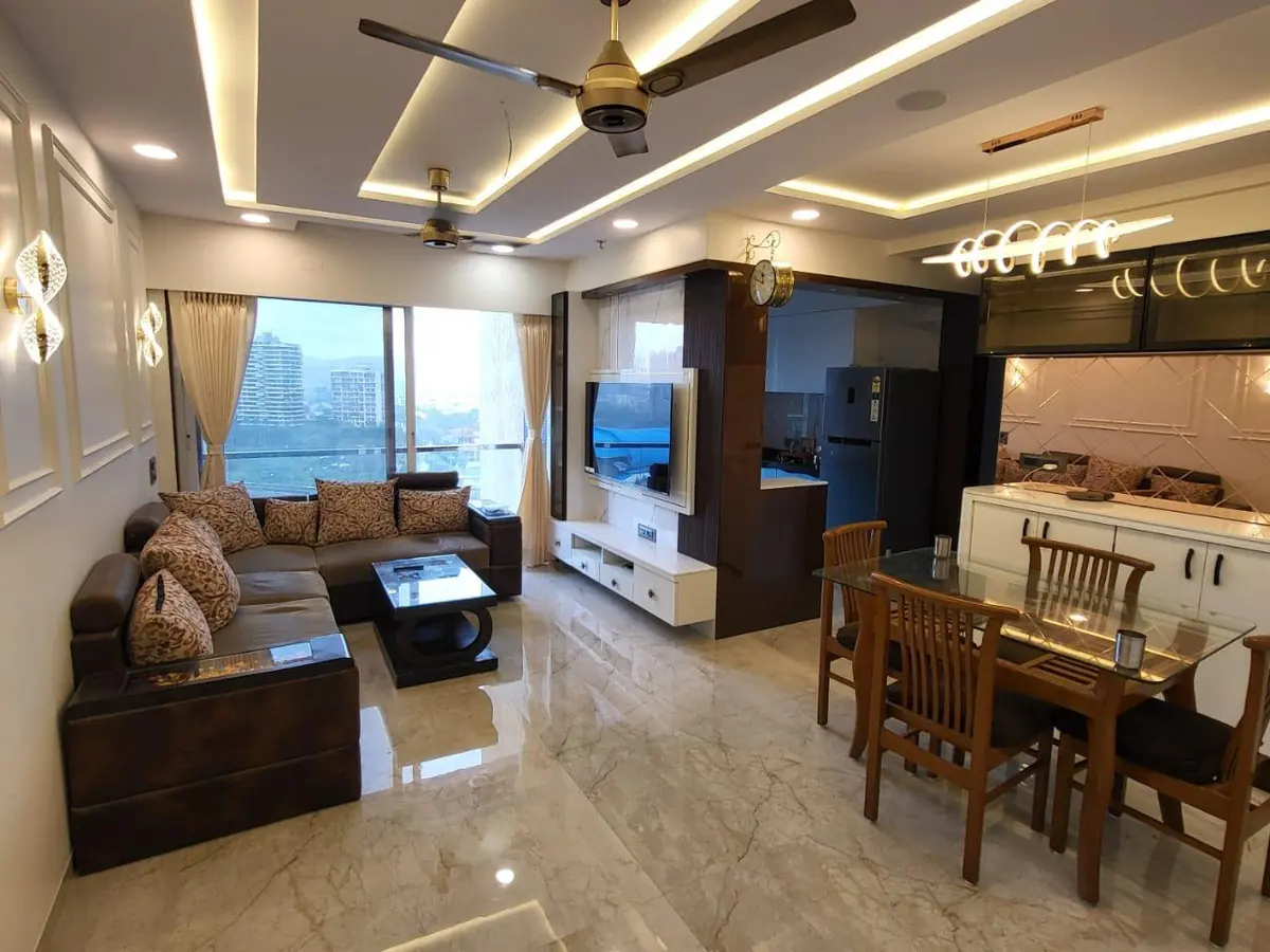 Open living and dining area in a completed Kharghar, Navi Mumbai interior project.