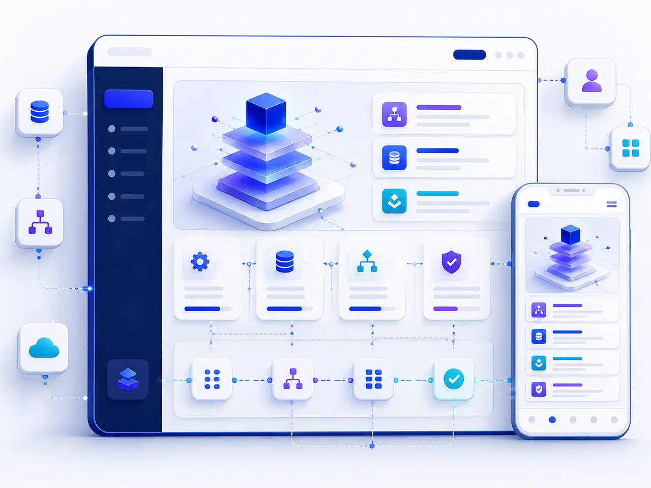 Conceptual illustration of connected software products, automation workflows and business systems.