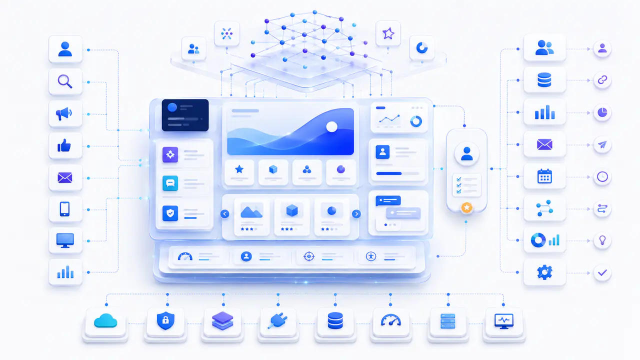 Conceptual AI-powered website system connecting visitor signals, intelligent content, lead qualification and business outcomes.