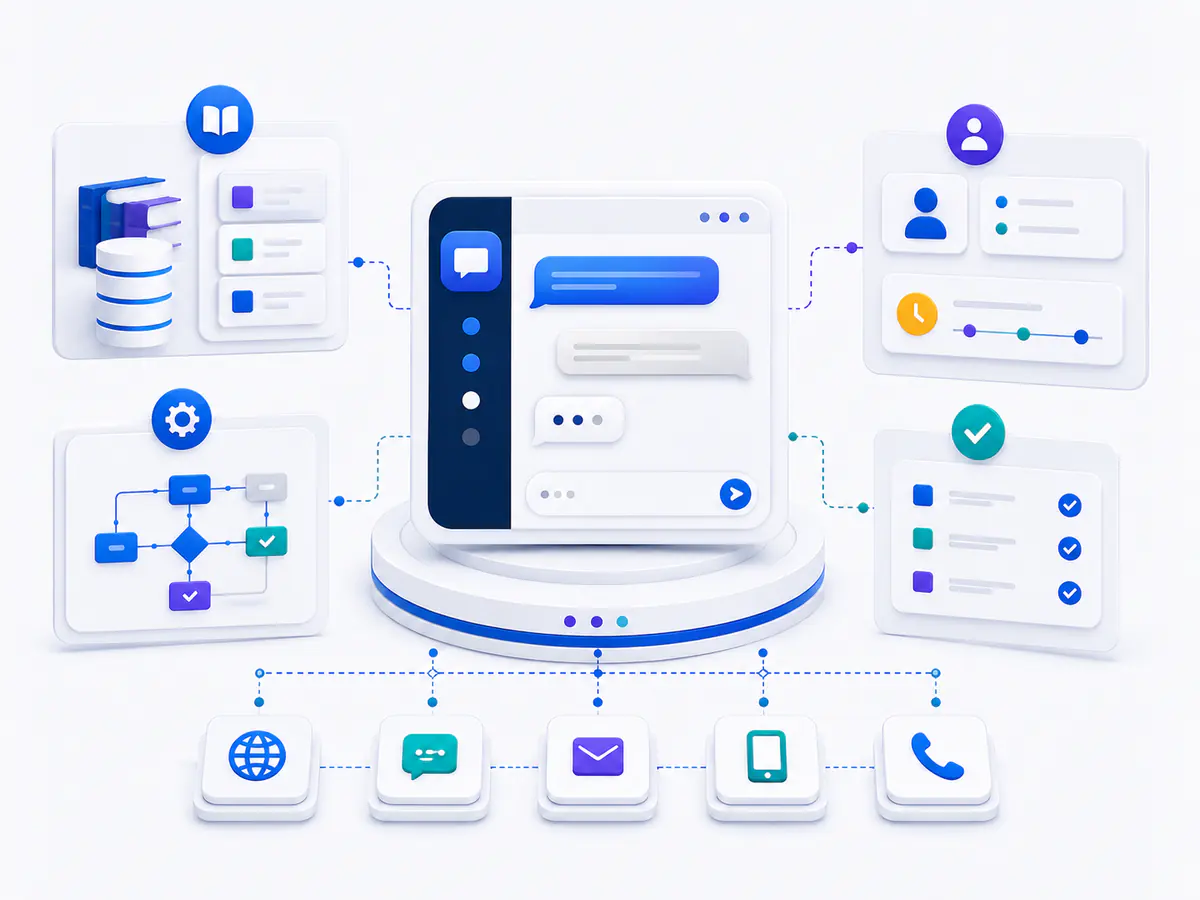 Business chatbot system connected to a knowledge base, workflow automation, human review and multiple communication channels.